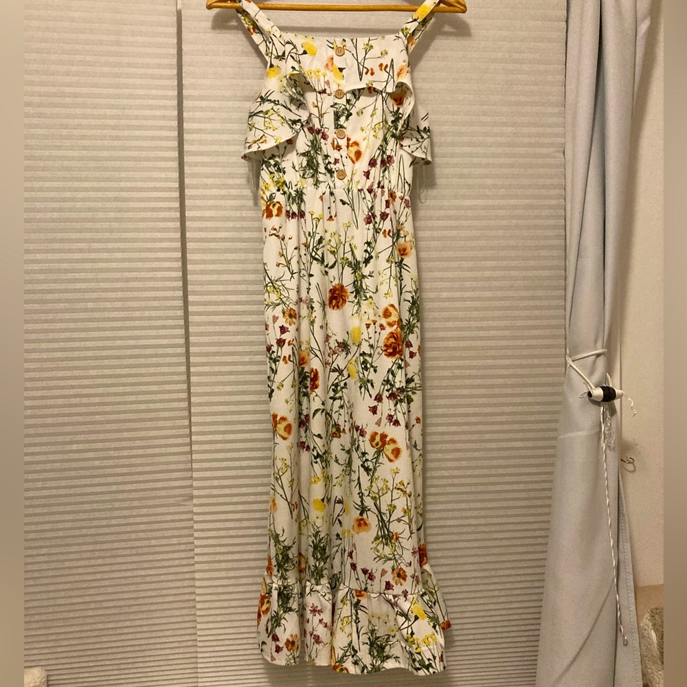 Long floral dress, worn, very good quality aside from name stamp on inside back